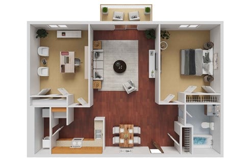 Floor plan for 2 beds, 1 bath, 858 sqft